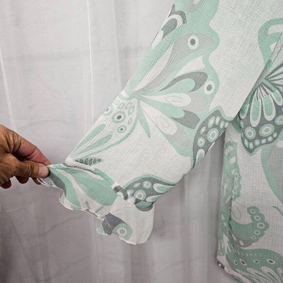 Alfred Dunner Blouse Green White Butterfly Ruffle Sheer Fairy 14 - Picture 3 of 12